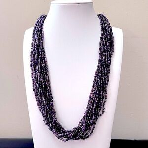 🆕 Boho Coastal Handmade Multi-Strand Glass Amethyst Purple Seed Bead Necklace